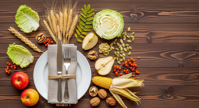 Healthy autumn harvest table setting with fresh fruits vegetables grains nuts and seeds arranged around rustic wooden dinner plate - Powered by Adobe
