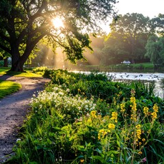 Sunbeams through trees on a park path by a pond