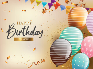 Elegant Happy Birthday Background Vector with Golden Confetti, Realistic Balloons, and Bunting