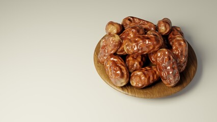 A realistic 3D render of glossy premium dates arranged on a wooden plate, featuring rich texture and warm lighting for food, Ramadan, and commercial visual needs.