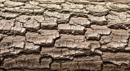 Obraz premium Cracked textured tree bark pattern on rough log surface showing natural layers and dry weathered wooden detail