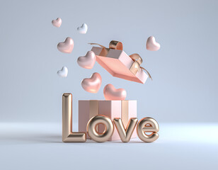 Romantic 3D Valentine&rsquo;s Day Gift Box with Floating Love Letters, Pink Hearts, and Rose-Gold Ribbon in Minimal White Background