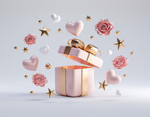 Romantic 3D Valentine&rsquo;s Day Gift Box with Floating Love Letters, Pink Hearts, and Rose-Gold Ribbon in Minimal White Background