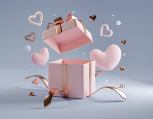 Romantic 3D Valentine&rsquo;s Day Gift Box with Floating Love Letters, Pink Hearts, and Rose-Gold Ribbon in Minimal White Background