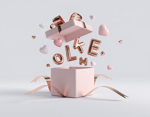 Romantic 3D Valentine&rsquo;s Day Gift Box with Floating Love Letters, Pink Hearts, and Rose-Gold Ribbon in Minimal White Background