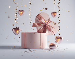 Romantic 3D Valentine&rsquo;s Day Gift Box with Floating Love Letters, Pink Hearts, and Rose-Gold Ribbon in Minimal White Background