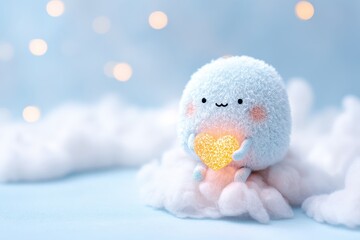 Obraz premium Cute Plush Edging Sheep Holding Glitter Heart on Dreamy Cloudy Background.