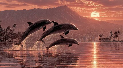 Ethereal seascape featuring dolphins, moonrise, and a tranquil reflective ocean  