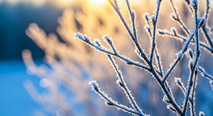Frost-covered birch branches illuminated by golden winter sunlight  