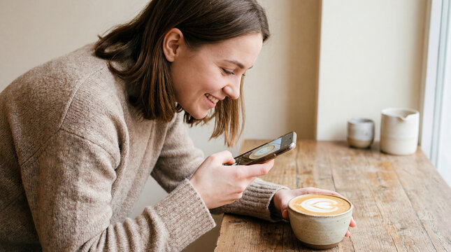 Smiling young woman capturing latte art on smartphone while sitting at rustic wooden cafe table in cozy natural light interior - Powered by Adobe