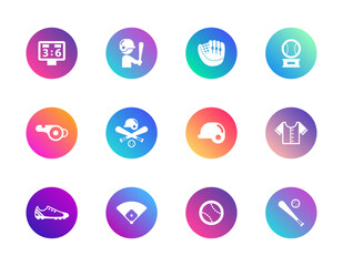 Baseball, sport, equipment. Vector set of 12 round gradient icons featuring bats, gloves, scoreboard, and player gear for sports UI, fan content, and athletic design.