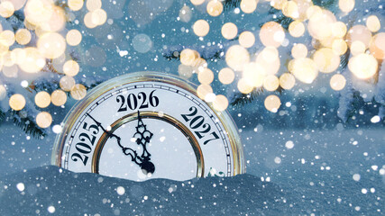 New Year 2026 vintage clock face emerging from a deep snowdrift under a snowy pine branch, surrounded by magical golden bokeh. Winter holiday, cozy celebration, and frozen time concept.