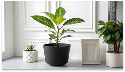 Lush green houseplant in modern black pot on a white shelf