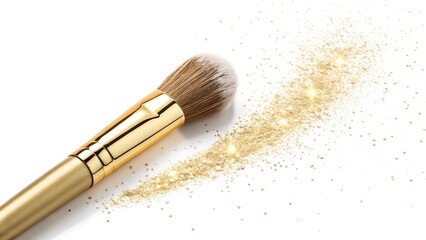 Golden makeup brush with shimmering glitter scattered on white