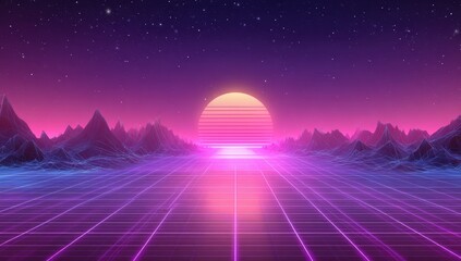Retro-futuristic landscape with grid, mountains, and glowing sunset