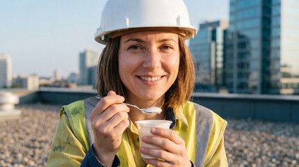 Smiling female construction worker taking a coffee break on rooftop gravel surface with safety helmet and reflective vest at sunrise
