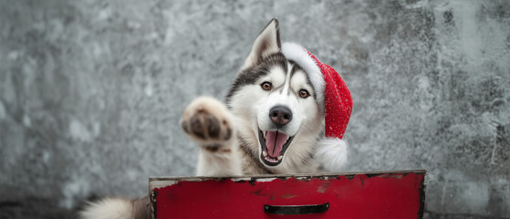 cute christmas husky dog in santa claus hat making paw gesture as he is pointing / showing a good xmas offer
