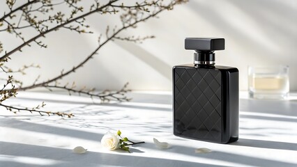 Sleek black perfume bottle, branch, rose petals, soft shadows