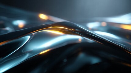 Close-up of abstract smooth metallic surface with dark reflective waves and soft lighting