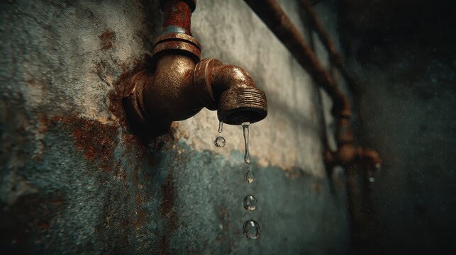 Rusty faucet drips water against a stained and textured concrete wall. Use to illustrate waste, neglect, or the passage of time.