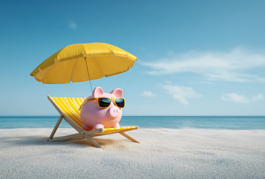 Pink ceramic piggy bank wearing yellow sunglasses lounging on a yellow striped beach chair under a large yellow beach umbrella on sandy shore with calm blue ocean and sky
