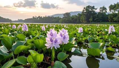 Sunset over a lake with water lilies
