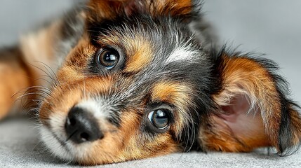 Excited brown puppy lying upside down with tongue out, isolated on white background  