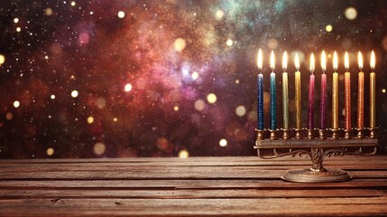 Vibrant Hanukkah menorah on rustic wood with stunning nebula background