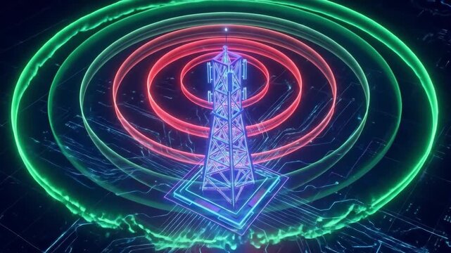 Futuristic 4K Seamless Loop of 6G Cellular Tower Transmitting Neon Radio Waves on a Digital Circuit Board Background