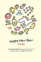 走る白馬とたくさんの正月の縁起物のかわいい年賀状テンプレート　2026 添え書き