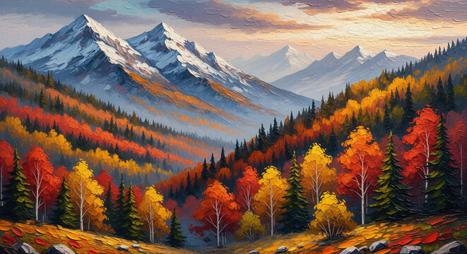 3D Autumn Mountain Landscape with Majestic Peaks, Colorful Trees, and Hazy Golden Sky, Wall Decor, 3D Relief Wallpaper, 3D Mural Wallpaper, 3D Wall Mural Design.