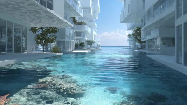 surface water views, underwater view, surface water view, sunny blue ocean waters, city on water, parametric forms, corals, water-surface view