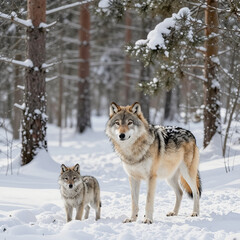 Fototapeta premium She-wolf with a wolf cub in a snowy forest on World Animal Protection Day 