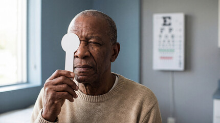 senior man covering one eye during vision test in clinic examination room with eye chart blurred in the background