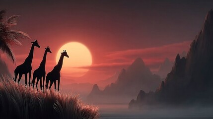 Family of giraffes in warm African wilderness, glowing sunset casting long shadows on dry grass 