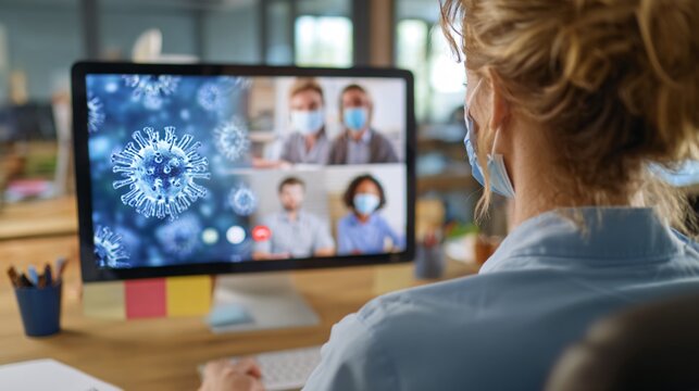 Woman Participating in Online Video Conference with Virus Illustration on Screen - Powered by Adobe