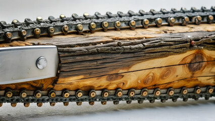 Detailed close-up of a chainsaw chain on a wooden log
