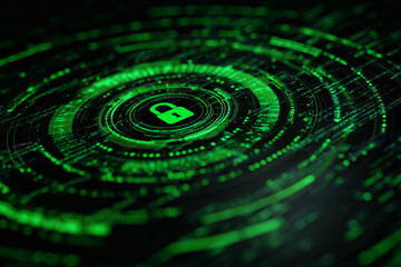 Abstract cyber security illustration with glowing green padlock symbol on dark background, representing data protection, digital privacy, network safety and modern information security concepts