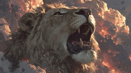 Fantasy beast concept art of a lion roaring with cosmic fire effects and dramatic lighting  