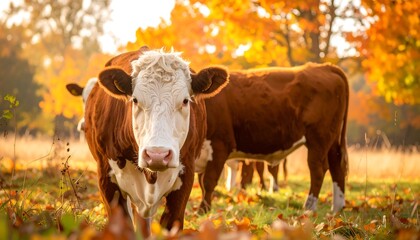 Two cows in a golden autumnal field