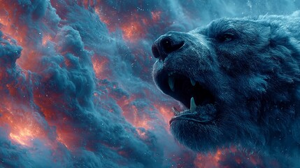 Fantasy beast concept art of a lion roaring with cosmic fire effects and dramatic lighting 