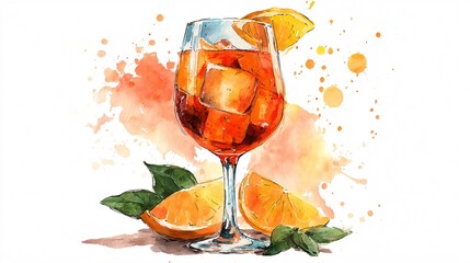 Watercolor Illustration of Aperol Spritz Cocktail with Orange Slice and Leaves