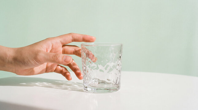 Hand reaching for an empty textured glass cup on white table against pastel green background in soft natural daylight - Powered by Adobe