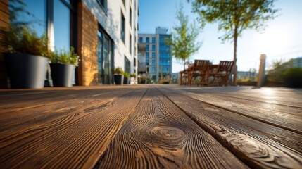 Fototapeta premium Close-up on a wooden deck with buildings and furniture in soft focus. It is great for backgrounds or showcasing outdoor living concepts.