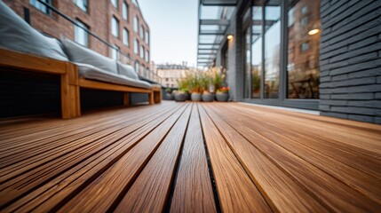 Fototapeta premium Wooden patio with furniture and plants in pots, sunny daytime view. Use for outdoor decor, architecture, or real estate marketing.