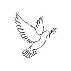 Fototapeta premium Outline of a dove carrying an olive branch in its beak, symbolizing peace, hope, and a new beginning, isolated on white. isolated on transparent background