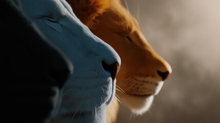 A striking piece showing three lions with varying shades, enhancing their majestic profiles while conveying symbolism and unity, highlighting the artistic portrayal of the powerful creatures.