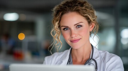 Obraz premium Confident Medical Professional: A close-up shot of a poised medical professional, radiating confidence, embodies expertise in the healthcare field, showcasing dedication and compassionate care.