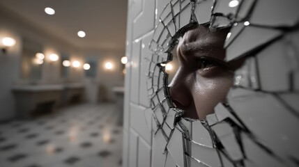 A striking close-up of a person's tearful face visible through a shattered mirror, symbolizing vulnerability, self-reflection, and emotional turmoil in an intimate environment.