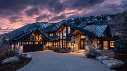 Obraz premium Luxury mountain home at dusk with the dramatic colorful sky. Showcases high-end real estate or luxury travel destinations.